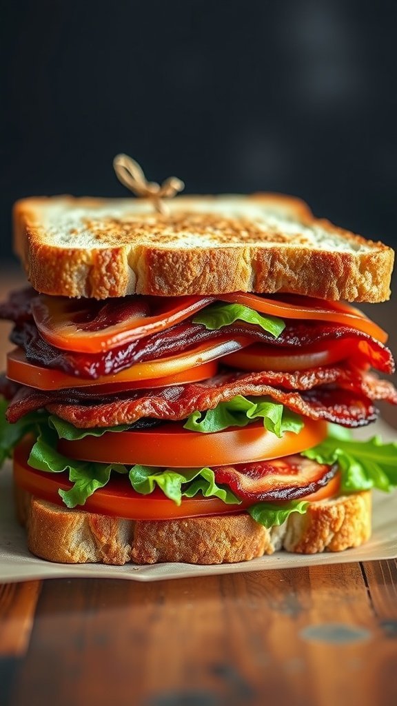 A delicious classic BLT sandwich stacked with crispy bacon, lettuce, and tomatoes on toasted bread.