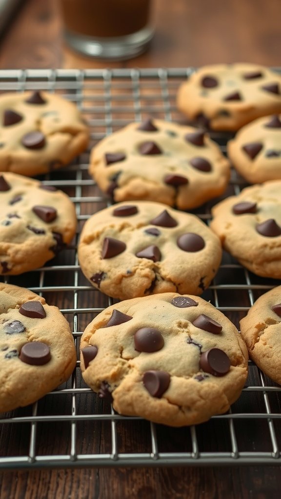 Freshly baked classic chocolate chip cookies on a cooling rack