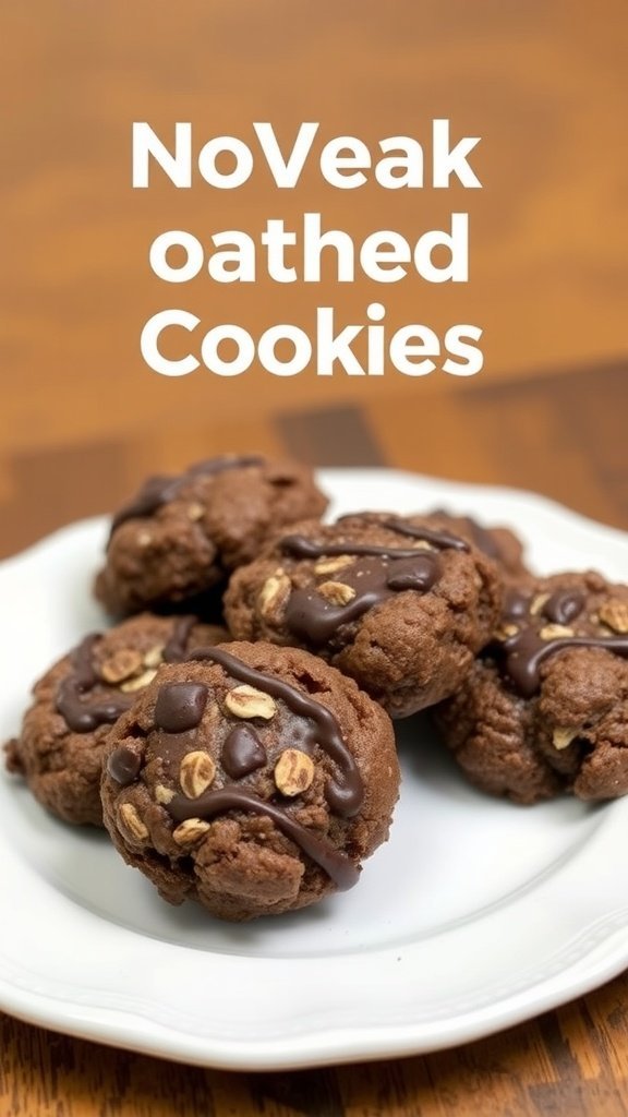 A plate of chocolate oatmeal no bake cookies with a drizzle of chocolate on top.