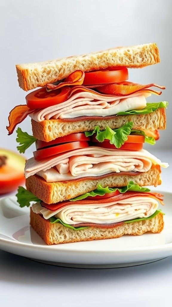 A classic club sandwich with layers of turkey, bacon, lettuce, and tomato stacked between slices of toasted bread.