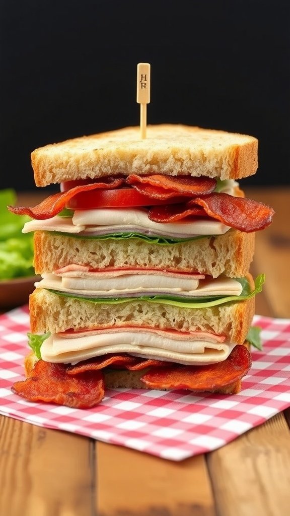 A classic club sandwich with crispy bacon, lettuce, tomato, and turkey, served on a checkered napkin.