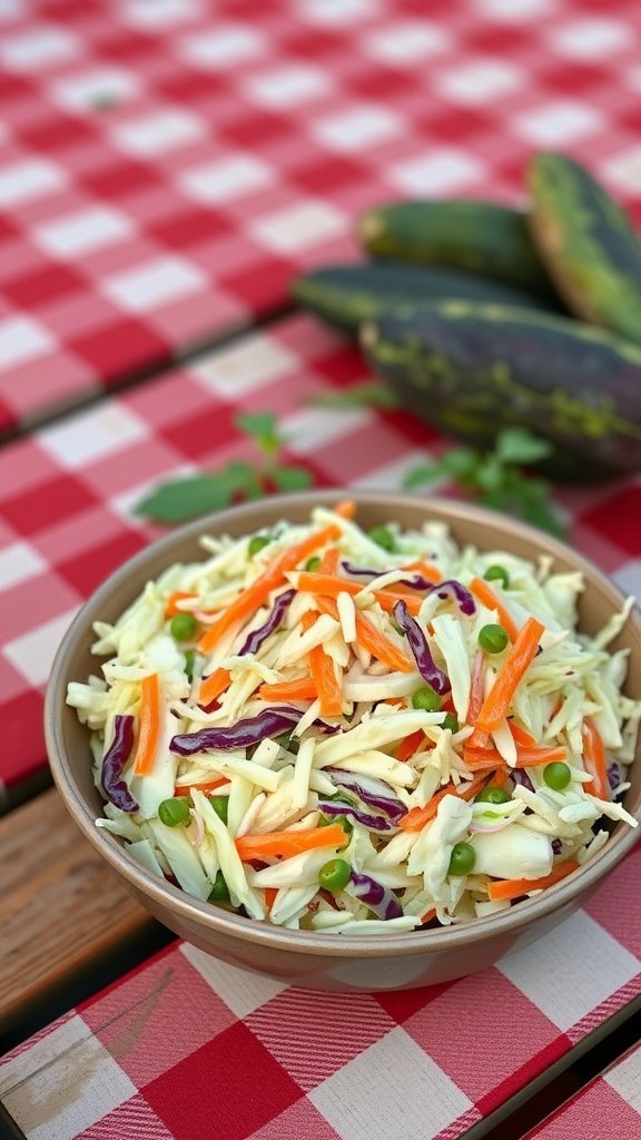 A bowl of classic coleslaw with green and purple cabbage, carrots, and peas, placed on a checkered picnic table.