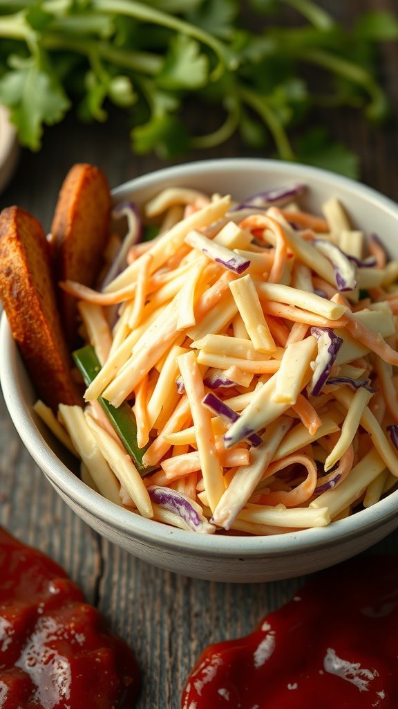 A bowl of colorful coleslaw with potato wedges and ketchup on the side.