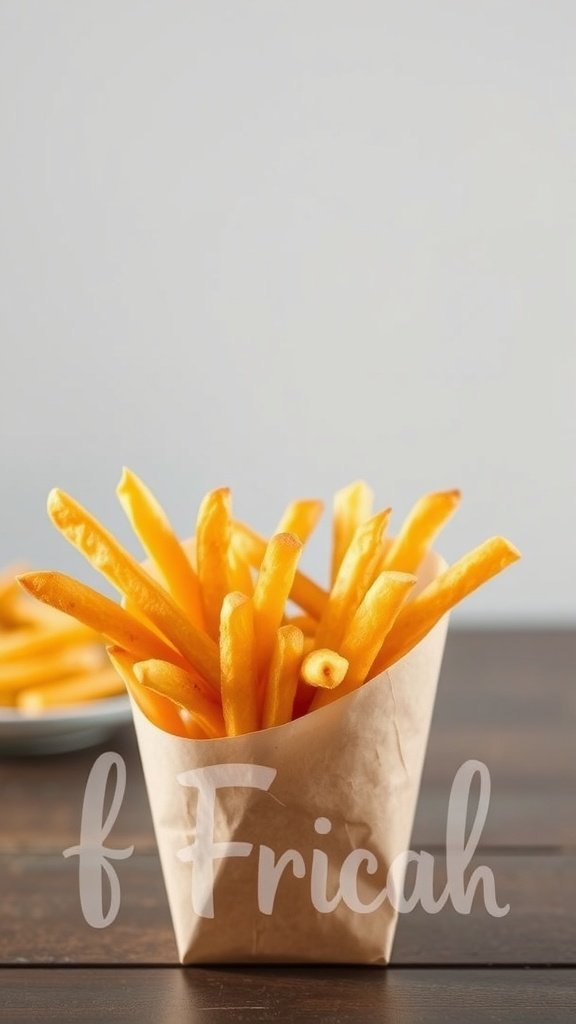 A serving of classic French fries in a paper cone, with more fries in the background.