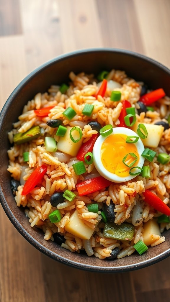 A bowl of classic fried rice with a variety of vegetables, topped with a runny egg and scallions.