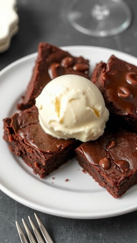 A plate of fudgy brownies topped with a scoop of vanilla ice cream.