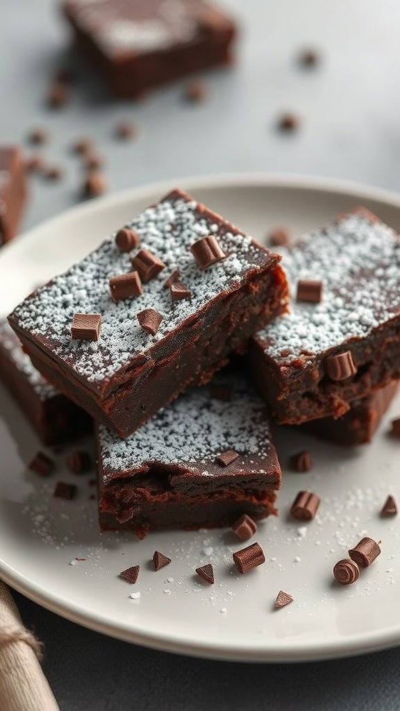 A plate of fudgy brownies dusted with powdered sugar and topped with chocolate chips.