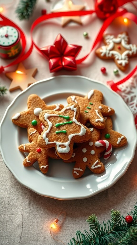 A plate of beautifully decorated gingerbread cookies surrounded by festive decorations.