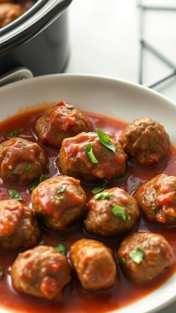 Delicious classic Italian meatballs in marinara sauce garnished with herbs.
