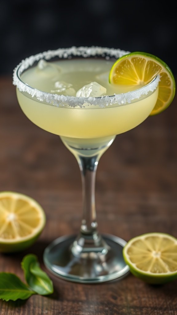 A classic lime margarita with a salted rim, garnished with lime slices.