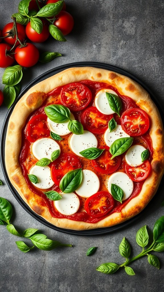 A freshly made Margherita pizza with tomatoes, mozzarella, and basil, surrounded by fresh tomatoes and basil leaves.
