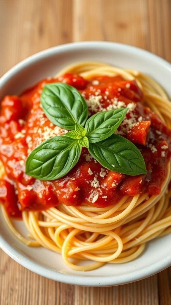 A bowl of spaghetti topped with marinara sauce and fresh basil.