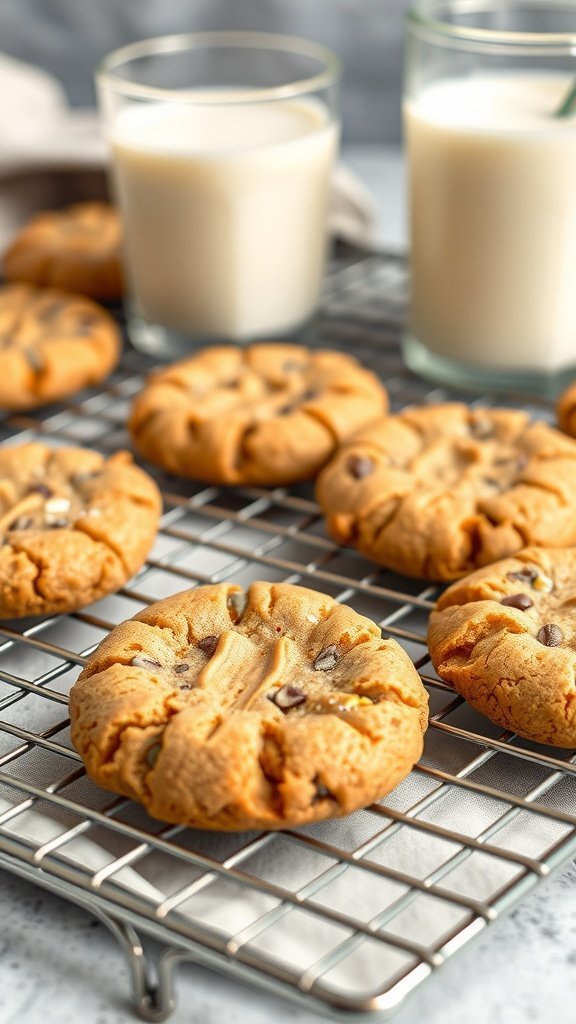 Freshly baked peanut butter cookies cooling on a wire rack with glasses of milk.
