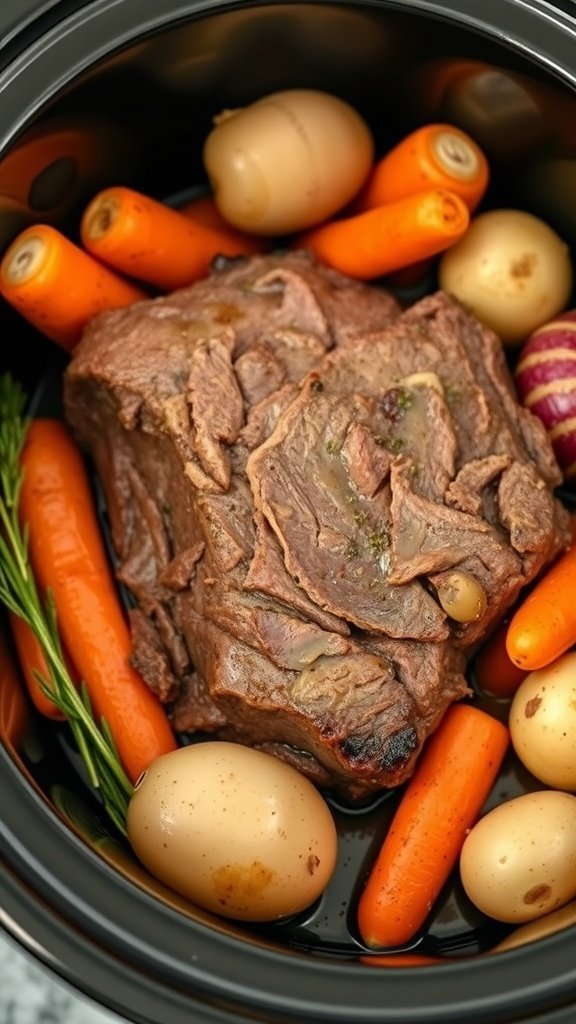 A flavorful pot roast with carrots and potatoes in a crock pot, ready to be cooked.