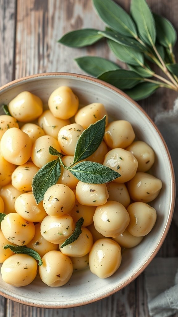 A bowl of freshly made potato gnocchi with sage leaves on top, surrounded by wooden kitchen elements.