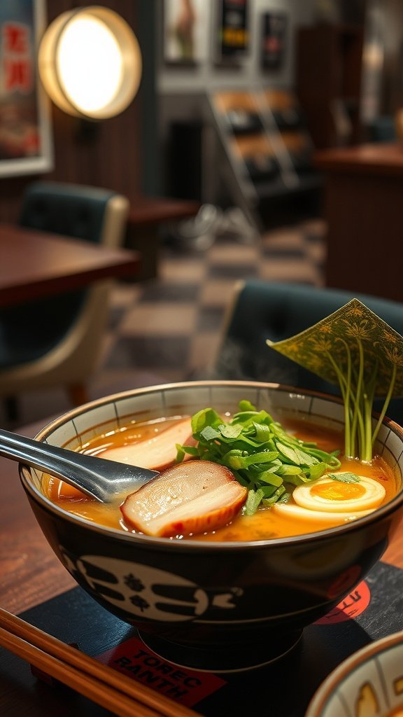 A bowl of classic ramen with pork slices, green onions, and a soft-boiled egg.