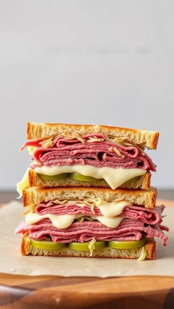 Three-layered classic Reuben sandwich with corned beef, sauerkraut, and Swiss cheese on toasted bread.
