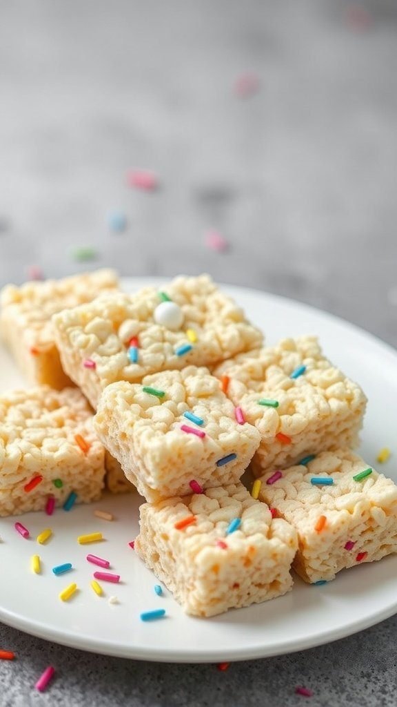 A plate of classic Rice Krispie Treats with colorful sprinkles