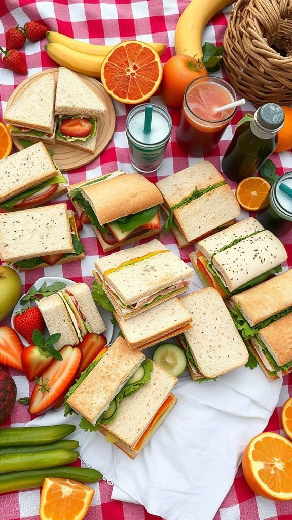 A picnic spread featuring a classic sandwich platter with various sandwiches, fresh fruits like strawberries and oranges, and drinks on a checkered blanket.