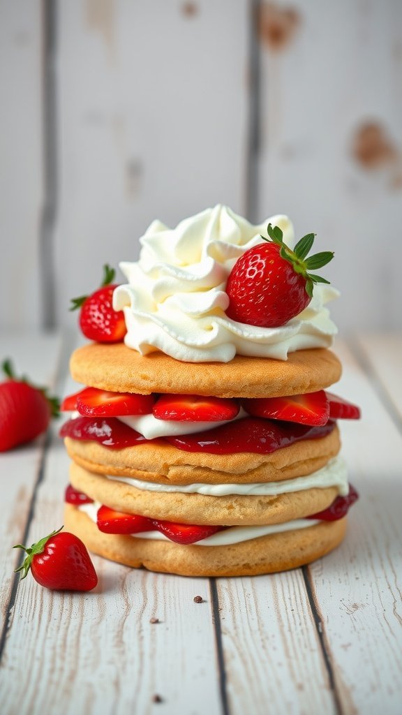 A stack of classic strawberry shortcake with whipped cream and fresh strawberries.