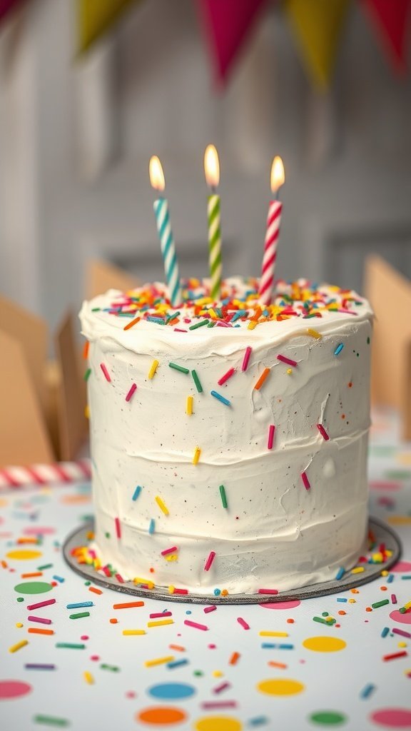 A classic vanilla birthday cake with white frosting, colorful sprinkles, and three lit candles on top.