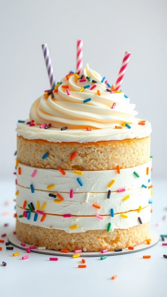 A classic vanilla buttercream birthday cake with colorful sprinkles and decorative straws on top.
