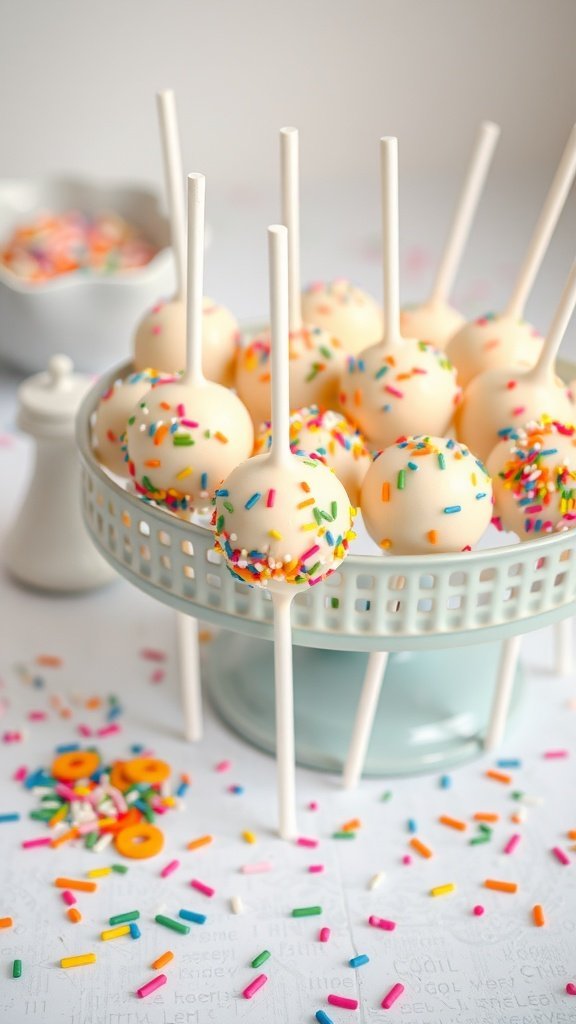 A display of classic vanilla cake pops decorated with colorful sprinkles on a stand.