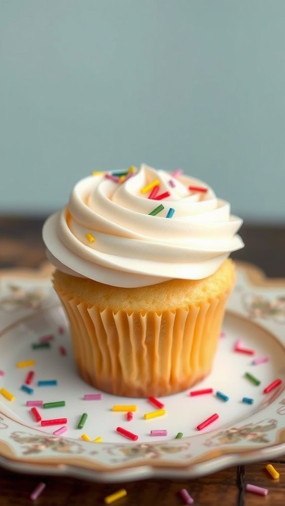 A classic vanilla cupcake topped with swirls of white frosting and colorful sprinkles, served on a decorative plate.