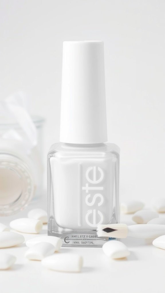 A bottle of white nail polish surrounded by white decorative elements.