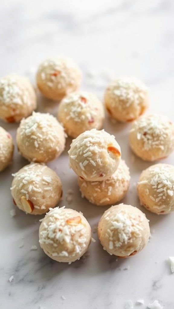 Round coconut almond no bake bites sprinkled with shredded coconut on a marble surface