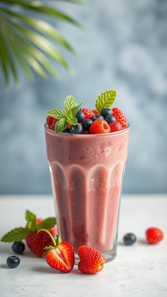 A glass of Coconut Berry Smoothie topped with fresh berries and mint leaves