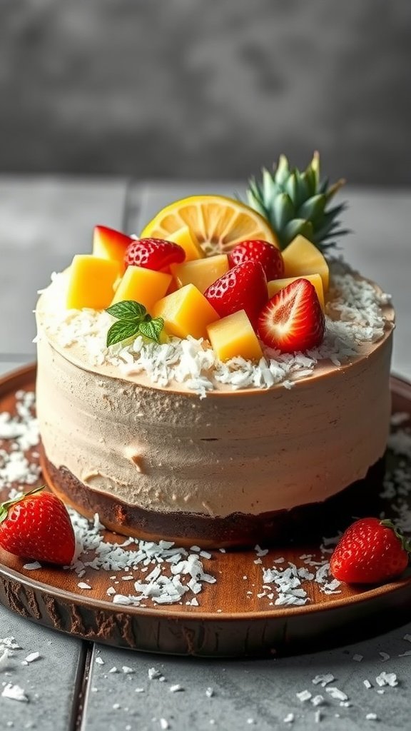 A beautifully decorated Coconut Chocolate Mousse Cake topped with strawberries, mango, and coconut shavings.