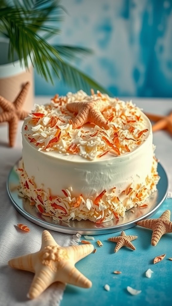 A Coconut Cream Cake with Toasted Coconut, decorated with starfish, placed on a light blue background.