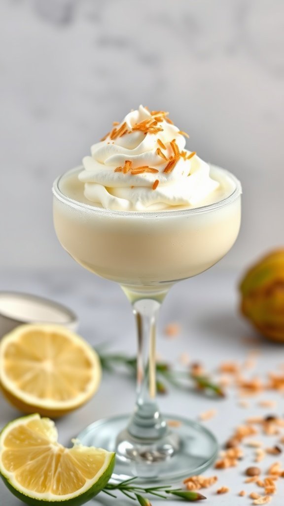 A Coconut Cream Margarita topped with whipped cream and toasted coconut, served in a glass with lime slices beside it.