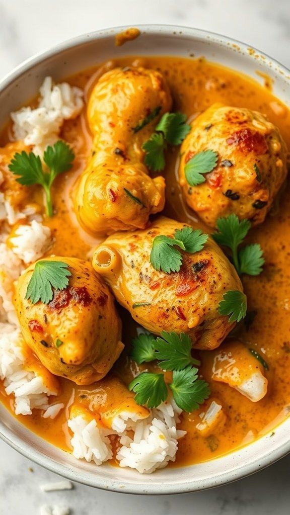A bowl of Coconut Curry Baked Chicken served with white rice and garnished with cilantro.
