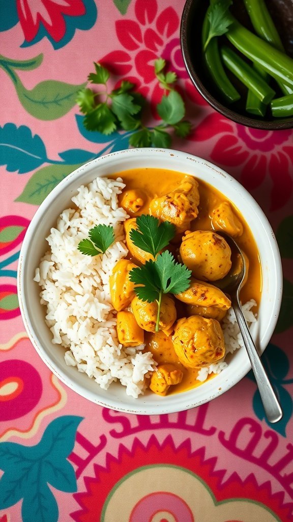 A bowl of coconut curry chicken served with rice and garnished with cilantro on a colorful tablecloth.