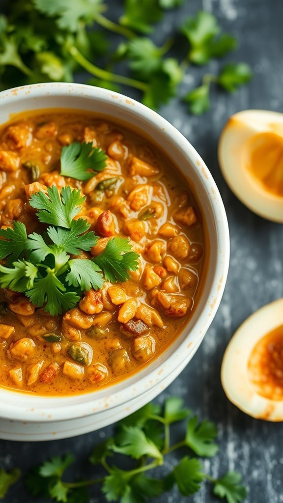 Bowl of Coconut Curry Lentils with fresh cilantro on top, surrounded by cilantro leaves and ingredients