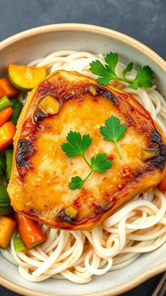 Coconut curry pork chop served with rice noodles and vegetables