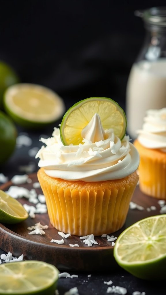 A coconut lime cupcake topped with frosting and a lime slice, surrounded by lime halves and shredded coconut.