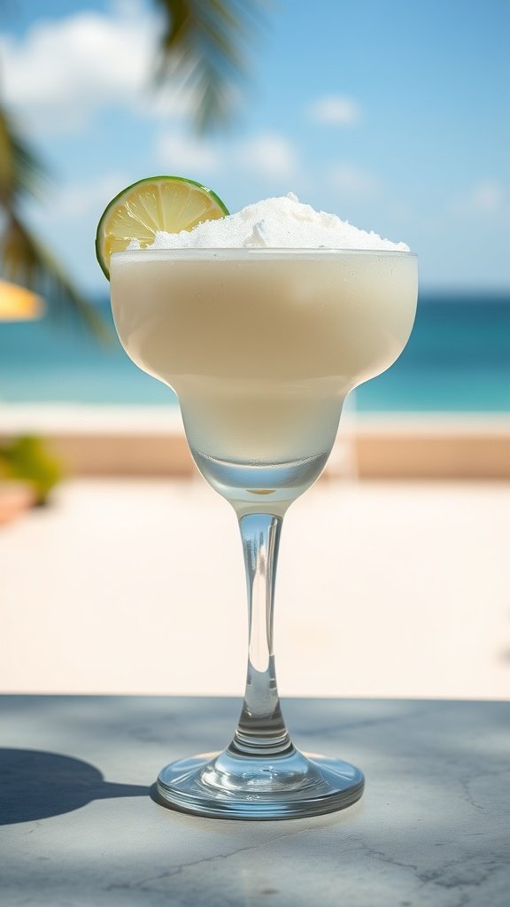 A Coconut Lime Daiquiri in a tall glass with crushed ice and a lime slice, set against a beach background.