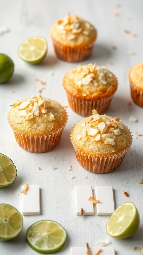 Coconut Lime Muffins topped with toasted coconut and fresh lime slices on a white surface