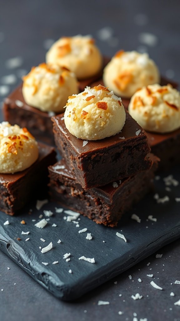 A close-up of brownie squares topped with coconut macaroons and sprinkled with shredded coconut on a slate plate.