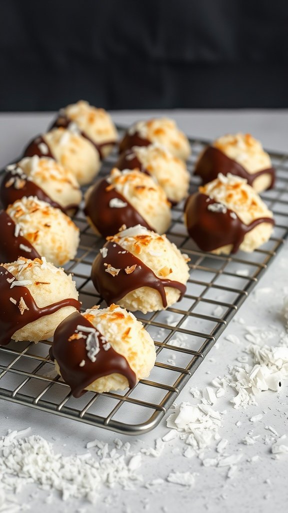 Coconut macaroons on a cooling rack, some drizzled with chocolate and topped with shredded coconut.