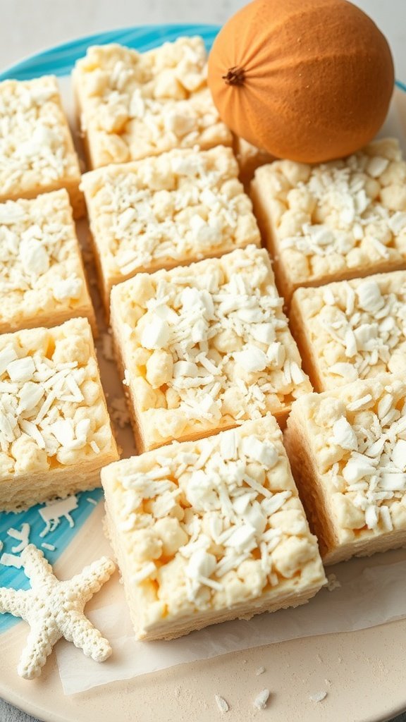 Delicious coconut Rice Krispie treats topped with shredded coconut and a decorative starfish.