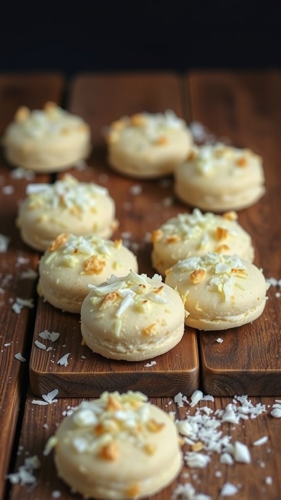 Coconut white chocolate macaroons on a wooden surface