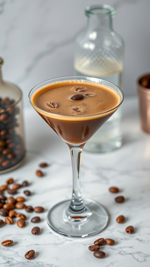 A beautifully crafted Coffee Espresso Martini in a martini glass, surrounded by coffee beans and a bottle of cream.