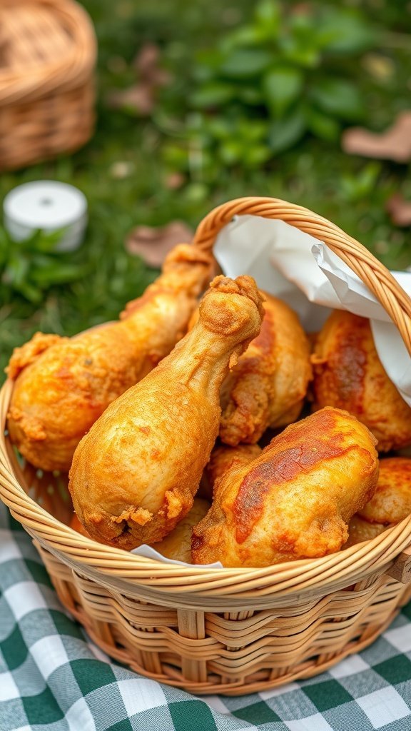 A basket filled with cold fried chicken legs on a checkered picnic blanket.