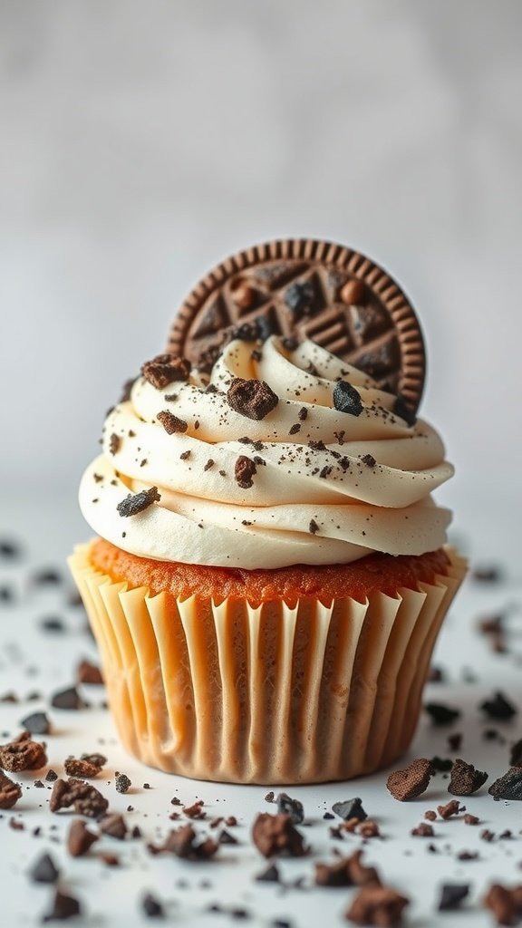 A cookies and cream cupcake topped with creamy frosting and a whole cookie.