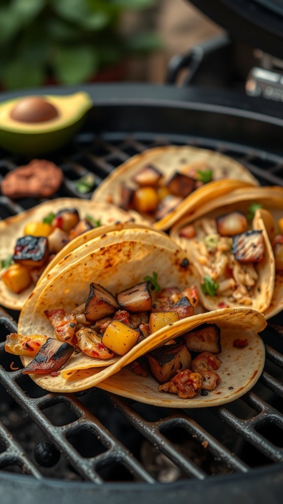 Grilled tacos filled with chicken and vegetables on a grill