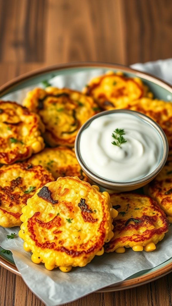 A plate of corn and zucchini fritters with a bowl of yogurt.